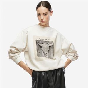 Anine Bing Medium Ramona Walk with Me Skull Sweatshirt White Ivory